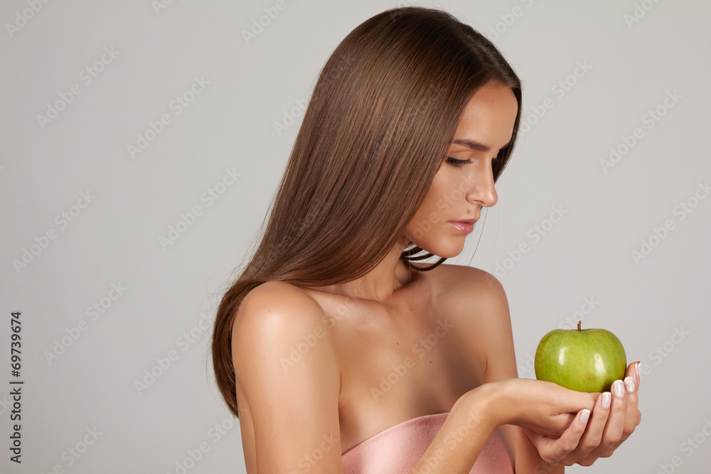 Girl with green apple dieting healthy organic food shampoo Girl with green apple dieting healthy organic food shampoo