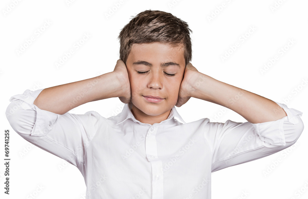 Boy covering ears with hands ignoring conversation Boy covering ears with hands ignoring conversation