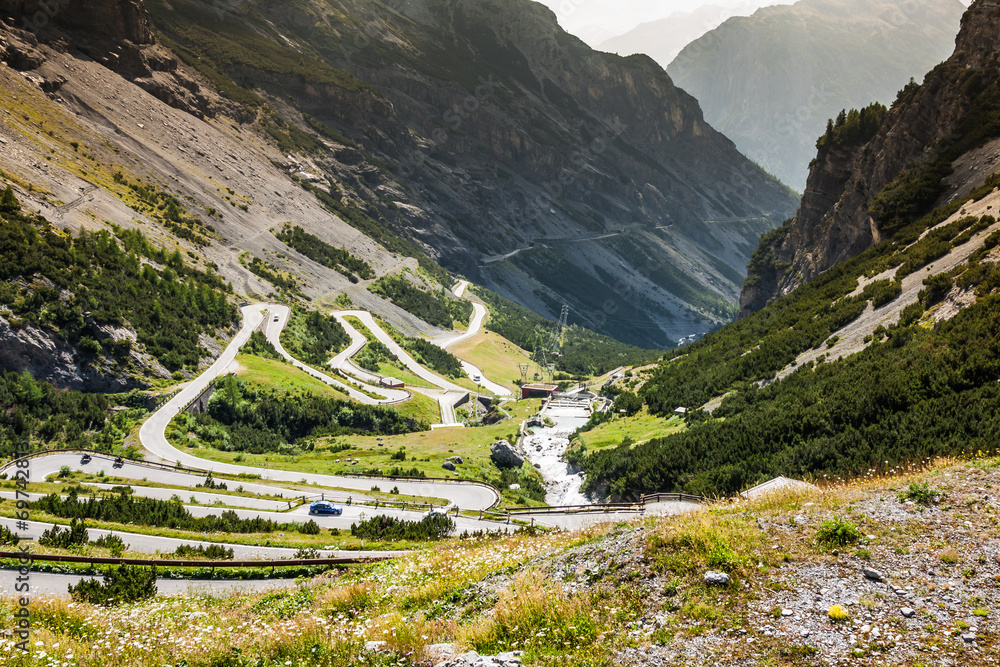 serpentine mountain road in Italian Alps, Stelvio pass, Passo de