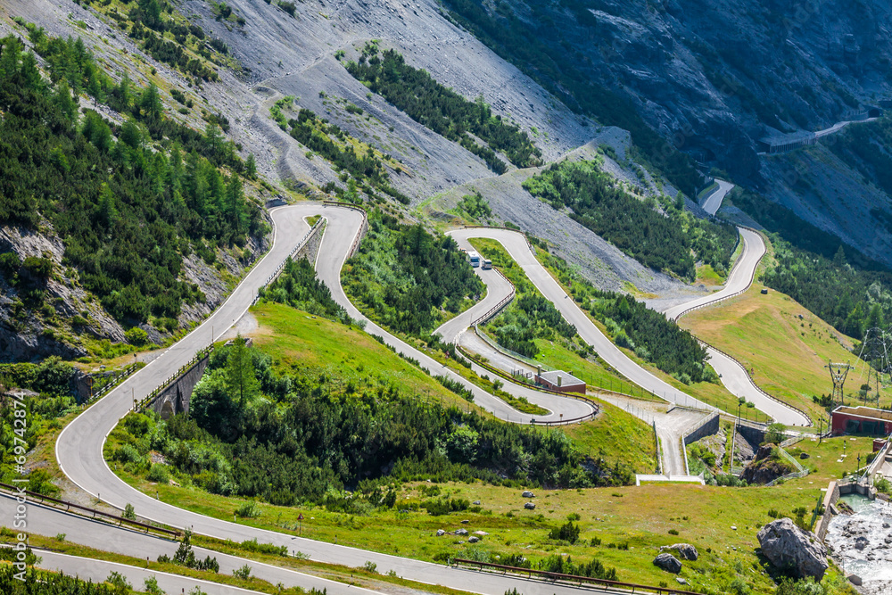 serpentine mountain road in Italian Alps, Stelvio pass,