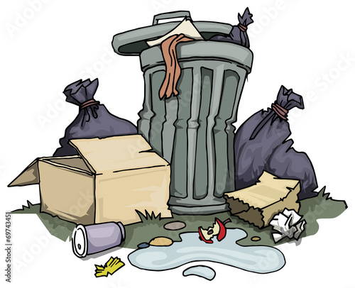 Trash can, with rubbish and old boxes around