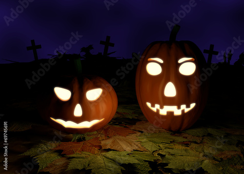 Spooky Halloween background with pumpkins in a cemetery