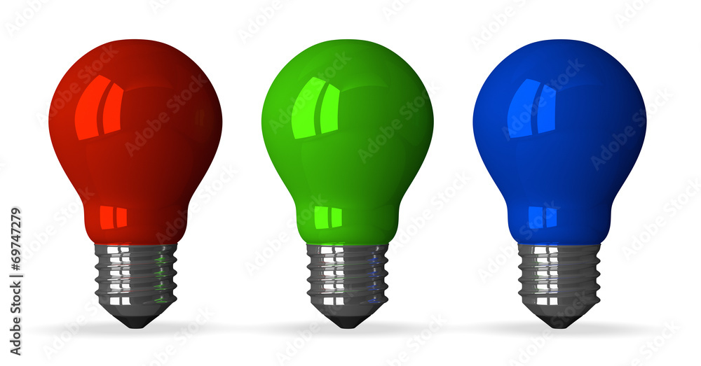 Red, green and blue tungsten light bulbs, front view Red, green and blue tungsten light bulbs, front view