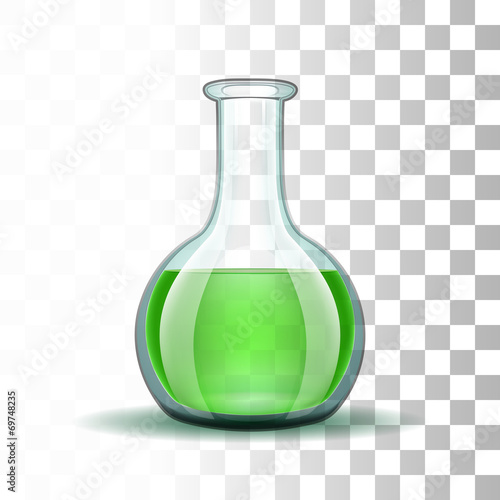 Chemical laboratory transparent flask with green liquid
