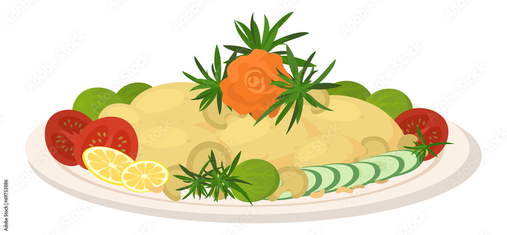 Meal on dish, roast vegetables Meal on dish, roast vegetables
