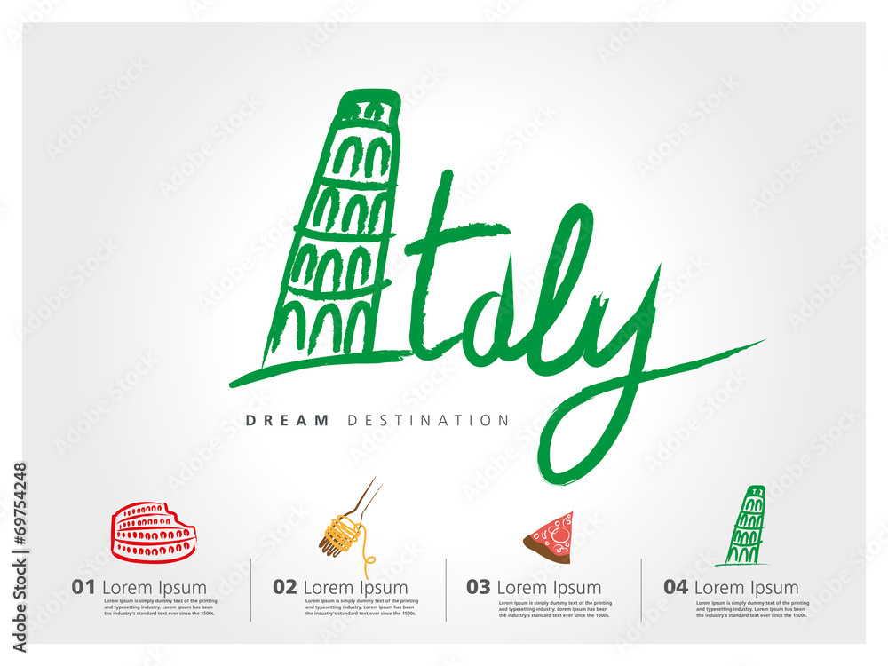 Fototapeta premium Italy travel set, Pisa, Rome, Colosseum, typography