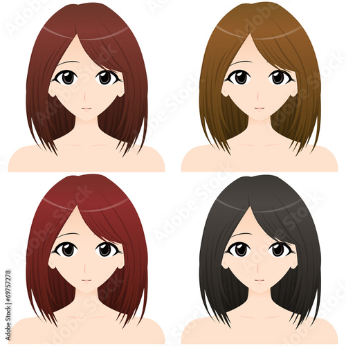 女性上半身・正面イラスト 髪の色違い4カット