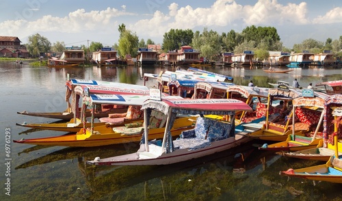 Shikara boats on Dal Lake with houseboats in Srinagar photo