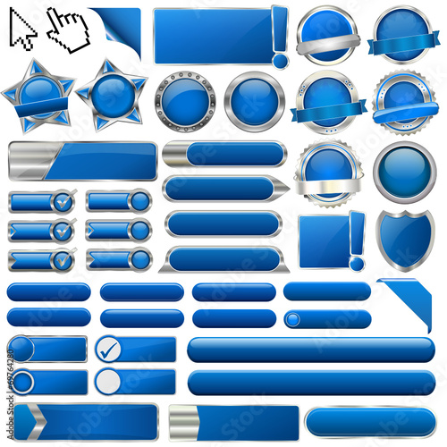 Collection of colorful blue glossy 3d vector buttons