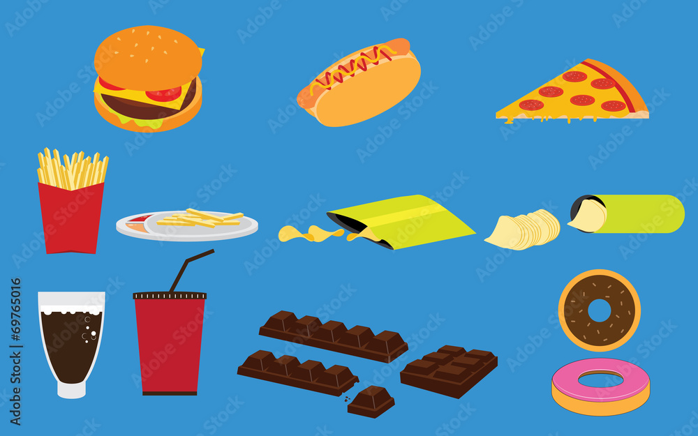Set of Fastfood Junk food and Snack Vectors