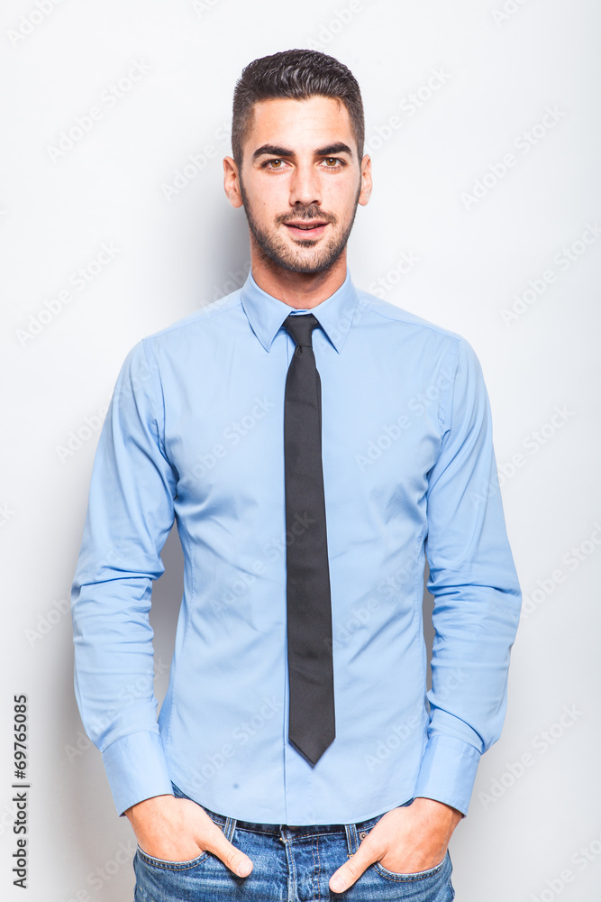 single elegant man in blue shirt with black tie single elegant man in blue shirt with black tie