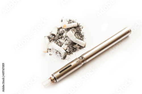 Dirty and smelly smoking habit versus clean electronic cigarette photo