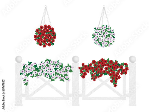 Bushes and flowers in pots and hanging on the fence.