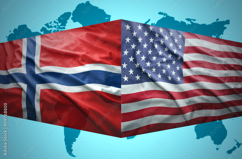 Obraz premium Waving Norwegian and American flags