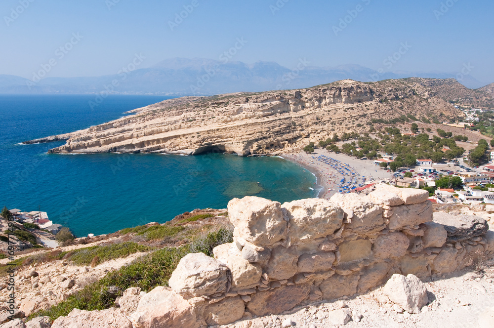 Beach of Matala seen the mountain on Crete, Greece.