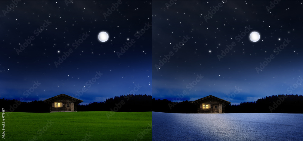 Mondlandschaft mit Blockhaius, Sommer-Winter Mondlandschaft mit Blockhaius, Sommer-Winter