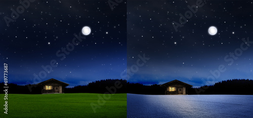 Mondlandschaft mit Blockhaius,  Sommer-Winter