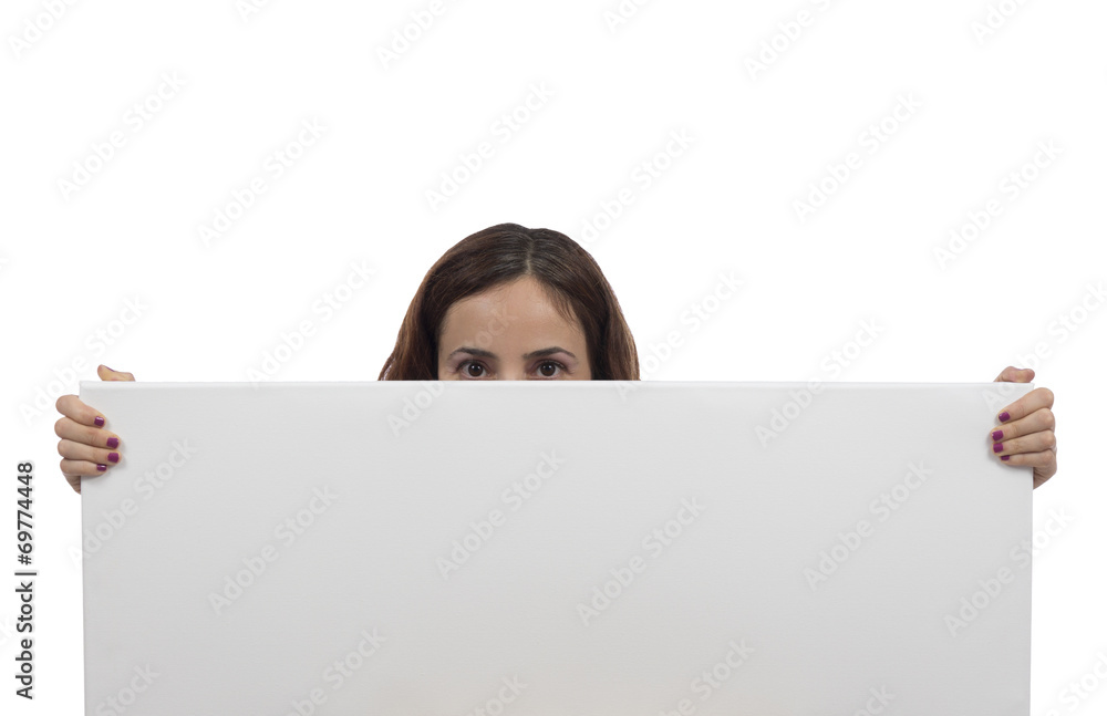 Woman behind the advertisement banner with copyspace Woman behind the advertisement banner with copyspace