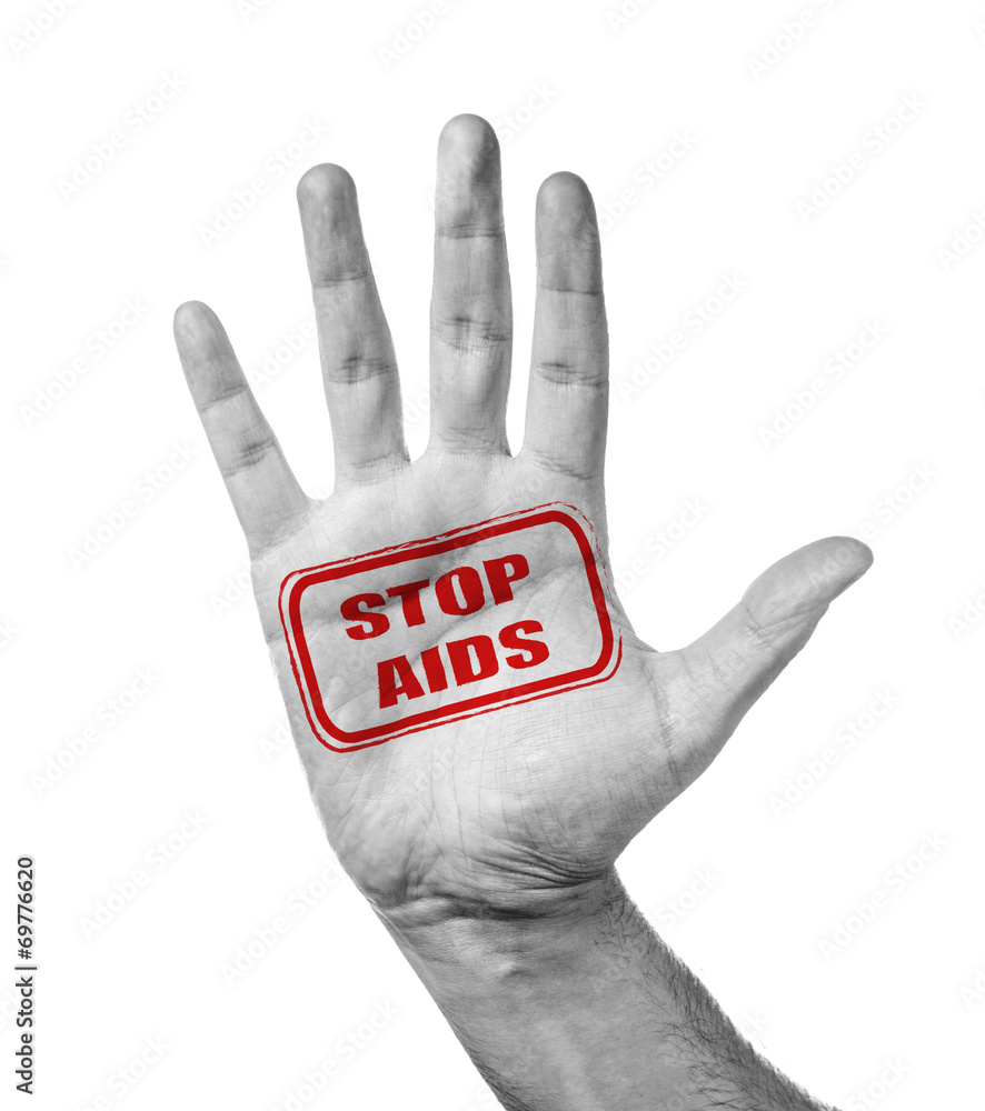 Male Hand With Stamp Stop AIDS, Isolated Over White Male Hand With Stamp Stop AIDS, Isolated Over White