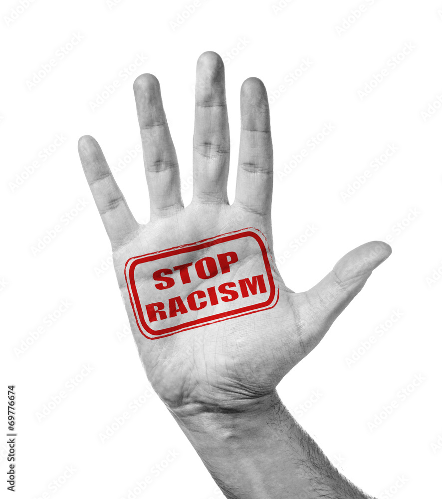 Male Hand With Stamp Stop Racism, Isolated Over White Male Hand With Stamp Stop Racism, Isolated Over White