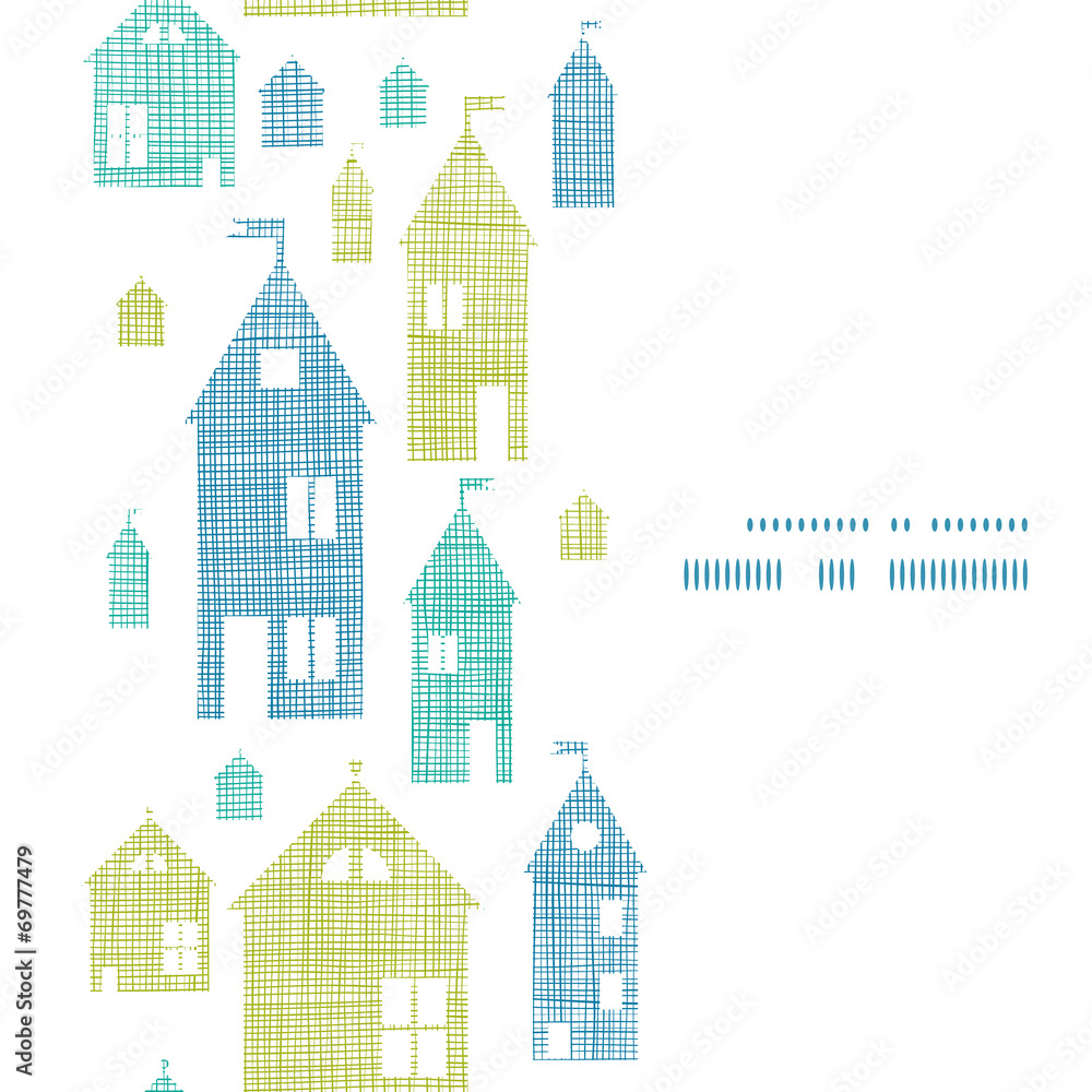 Houses blue green textile texture vertical seamless pattern