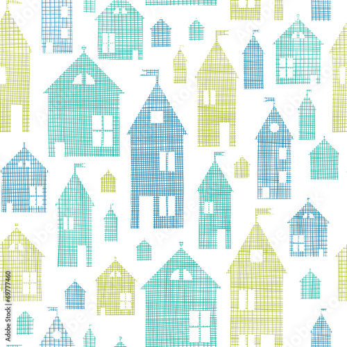 Houses blue green textile texture seamless pattern background
