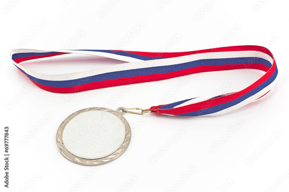 Fototapeta premium Silver medal with color stripes isolated on white