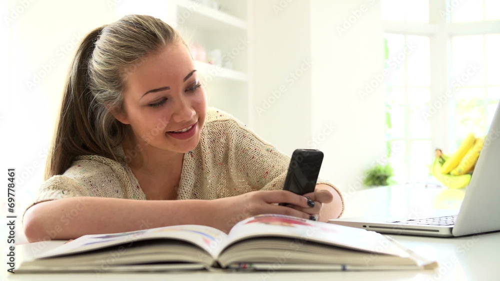 Teenage Girl Sending Text Message Whilst Studying On Laptop Teenage Girl Sending Text Message Whilst Studying On Laptop