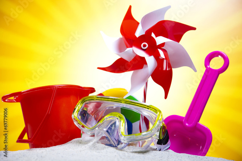 Colorful toys for childrens sandboxes, vacation 