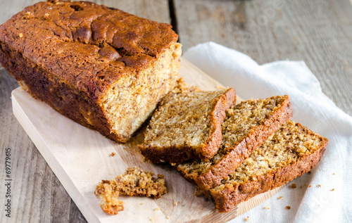 Loaf of banana bread with apple confiture
