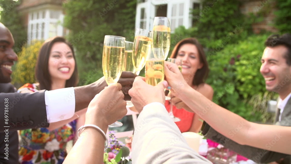Slow Motion Sequence Of Friends Proposing Champagne Toast Slow Motion Sequence Of Friends Proposing Champagne Toast