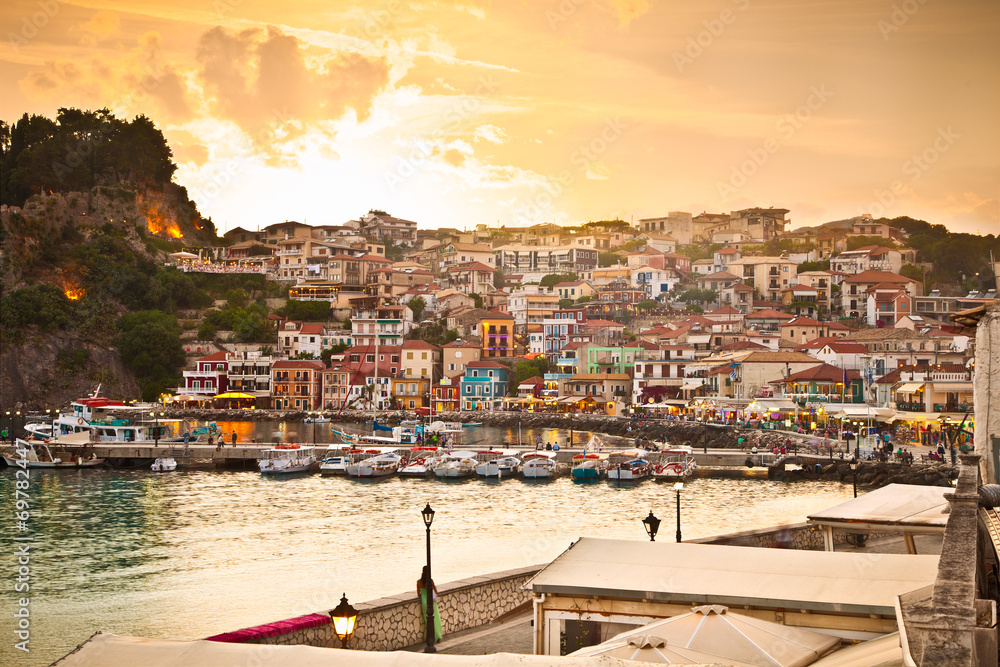Beautiful panoramic view of Parga port in the evning, Greece.
