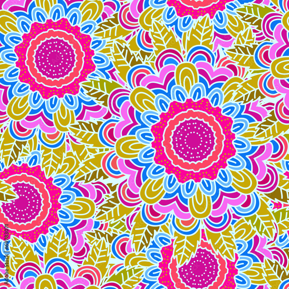 Vector seamless hand-drawn pattern with flowers and leaves