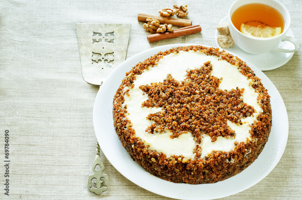 carrot cake with raisins, walnuts and butter cream carrot cake with raisins, walnuts and butter cream