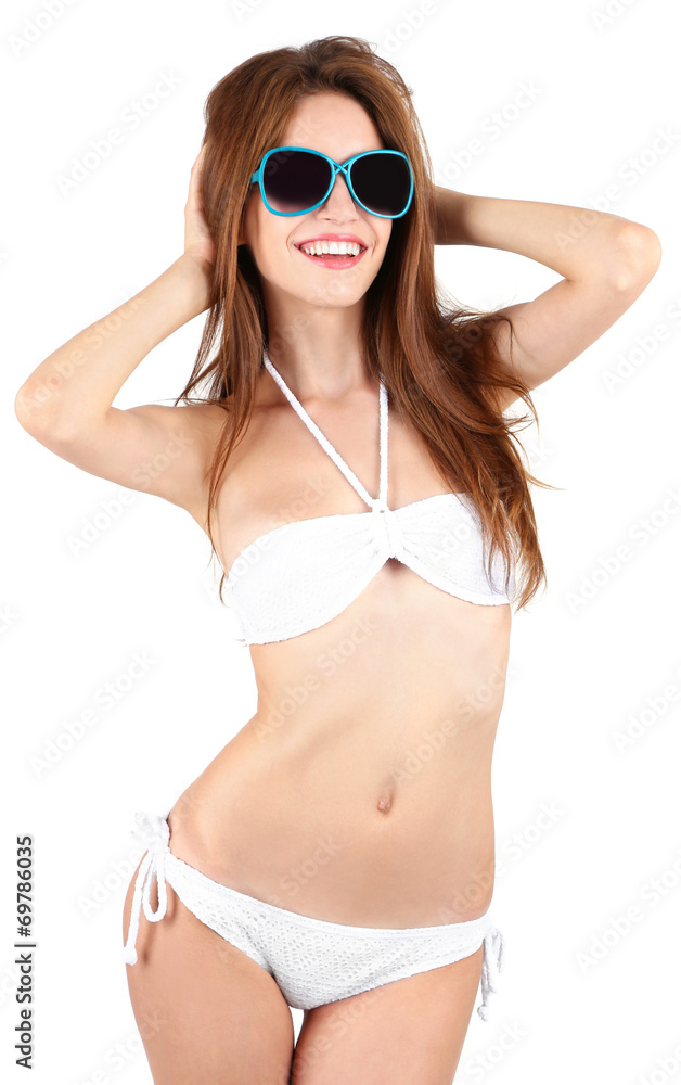 Beautiful young woman in swimsuit isolated on white