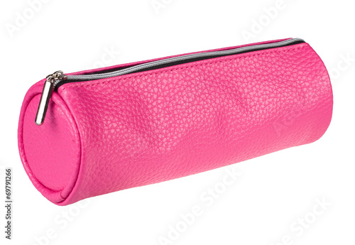 pink pencil case isolated on white background photo