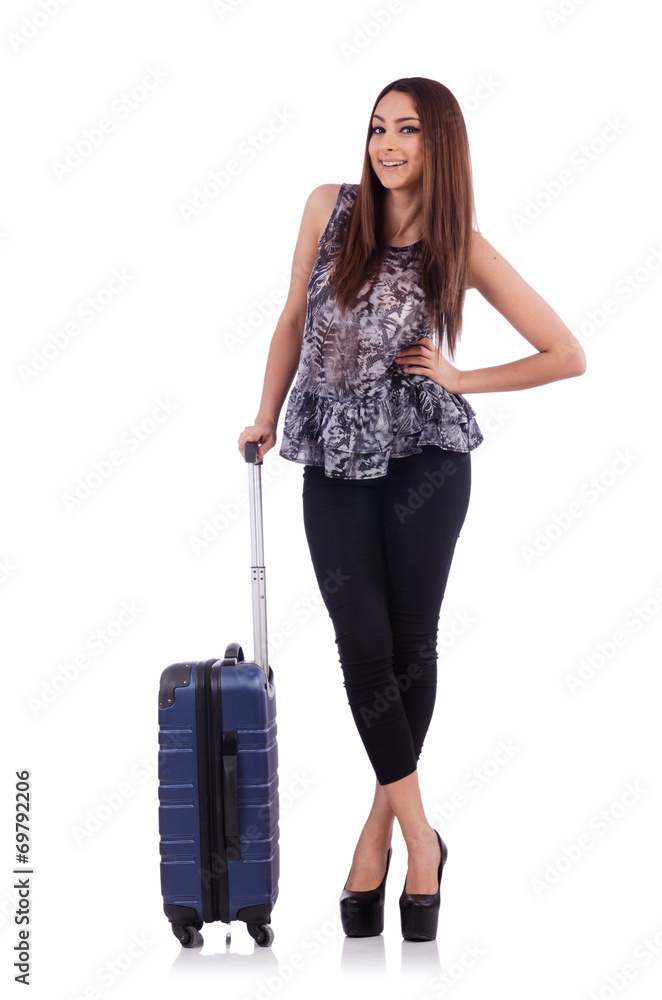 Woman with suitcase in travel concept isolated on white Woman with suitcase in travel concept isolated on white