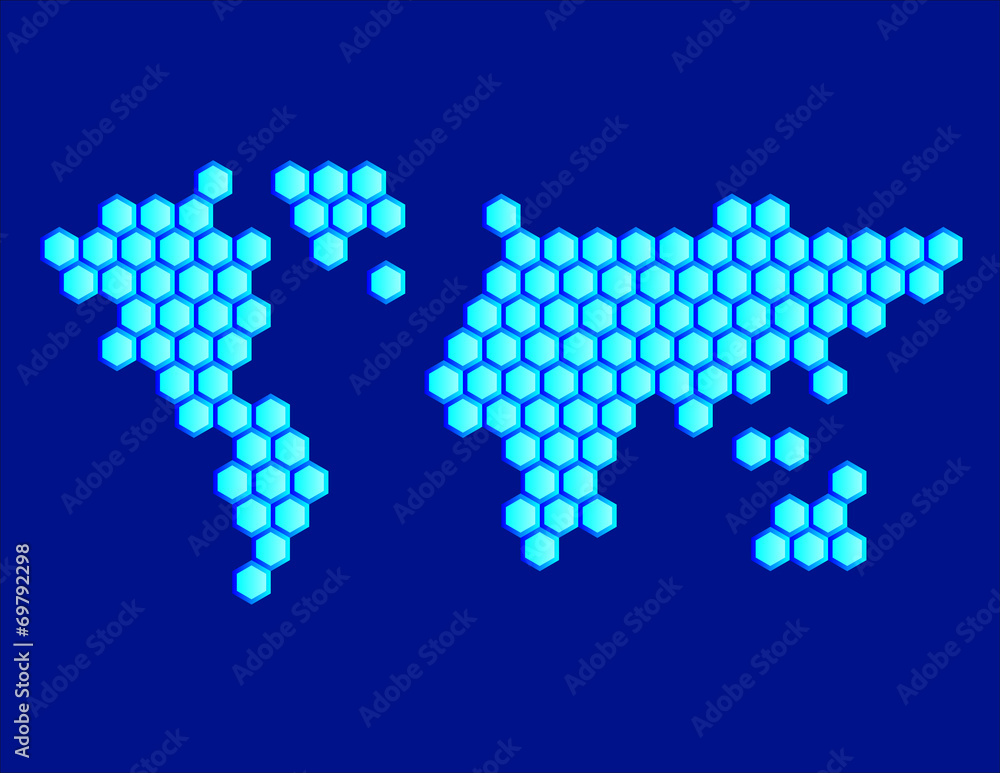 Hexagonal Map of the World Blue Hexagonal Map of the World Blue