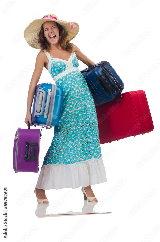 Woman traveller with suitcase isolated on white Woman traveller with suitcase isolated on white