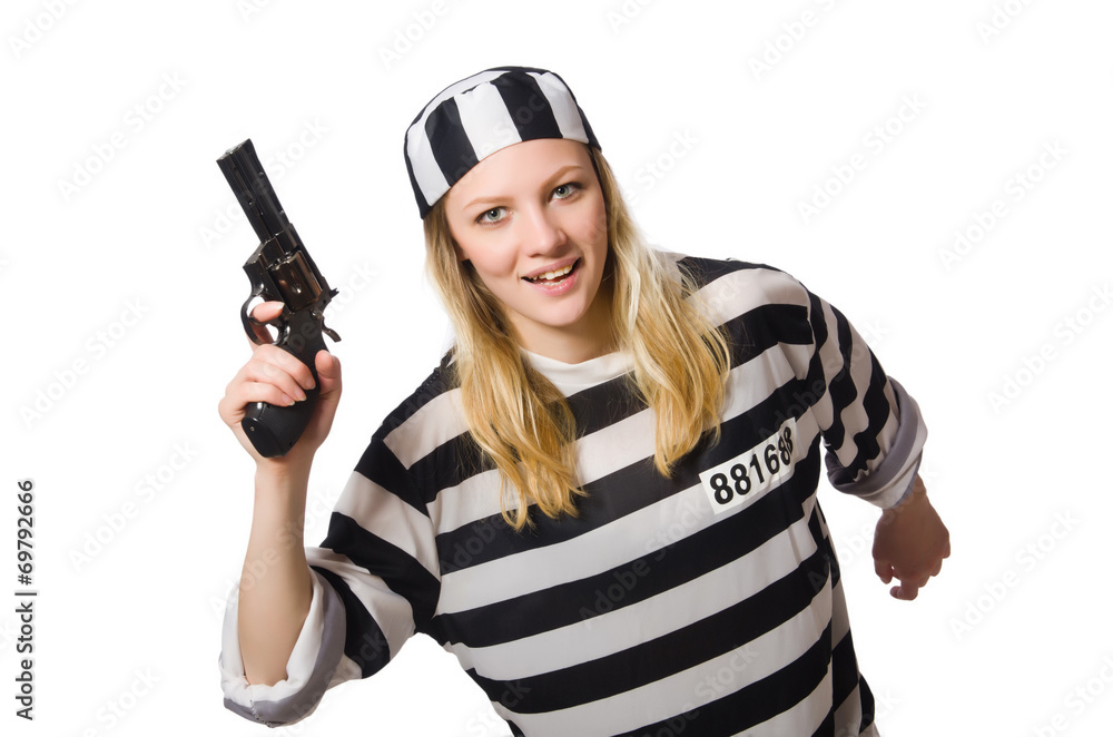 Prison inmate with gun isolated on white Prison inmate with gun isolated on white