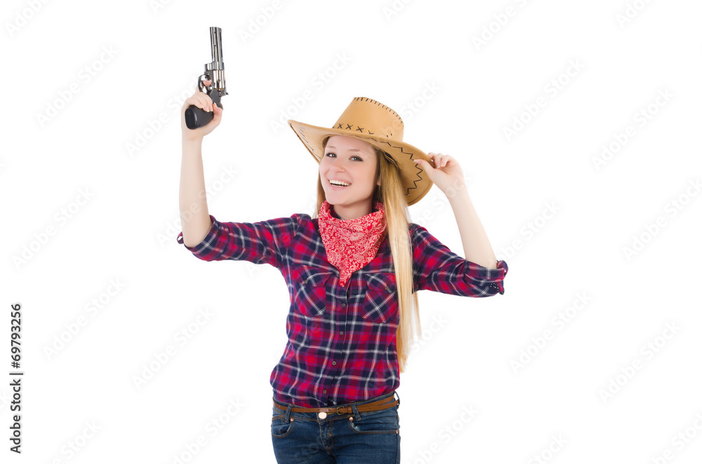 Cowgirl woman with gun isolated on white Cowgirl woman with gun isolated on white