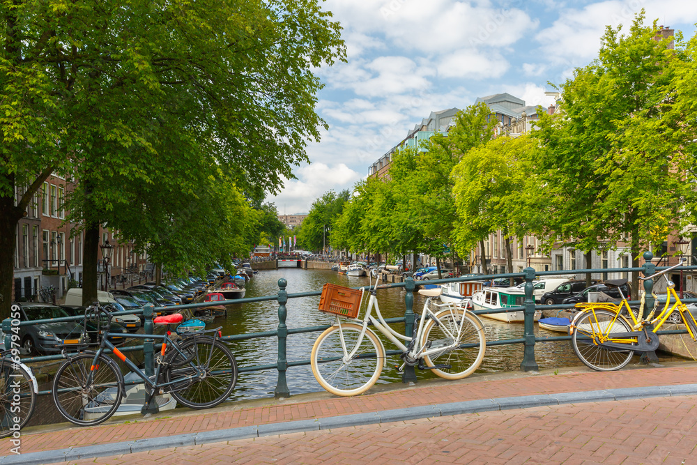 City view of Amsterdam canal, bridge and bicycles, Holland, Neth