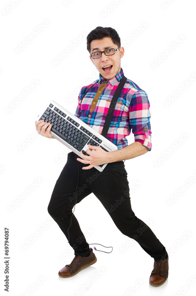 Computer nerd with keyboard isolated on white Computer nerd with keyboard isolated on white