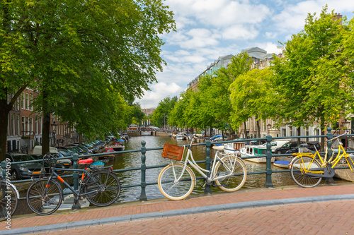 City view of Amsterdam canal, bridge and bicycles, Holland, Neth