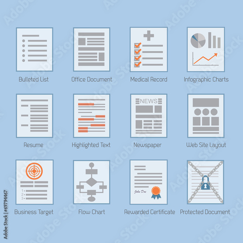 Conceptual web and paper document layouts icons set