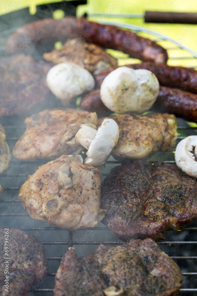 barbecue with delicious grilled meat on grill barbecue with delicious grilled meat on grill