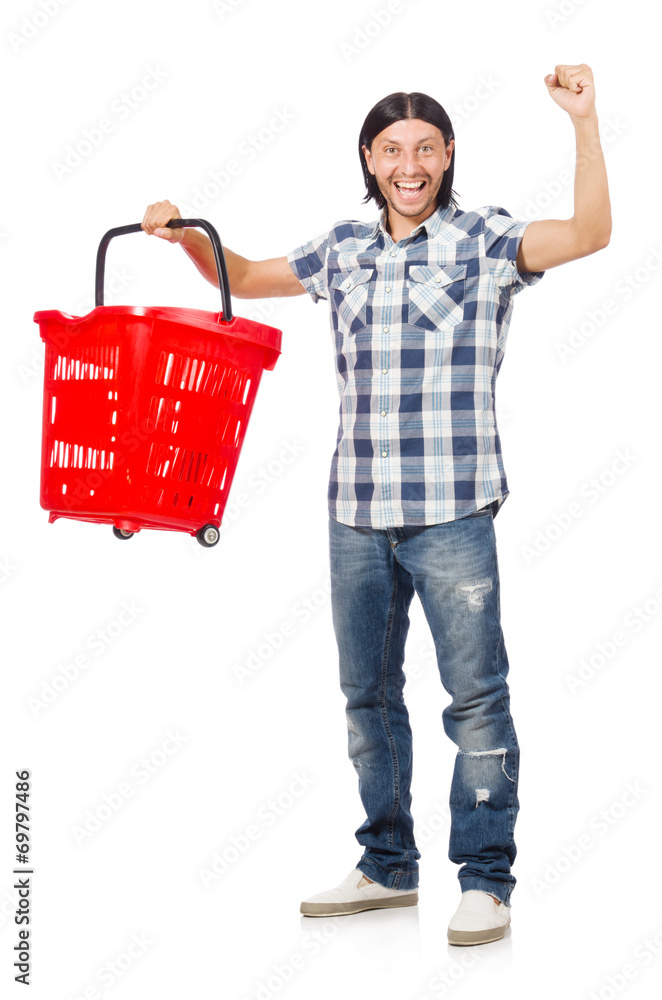 Man shopping with supermarket basket cart isolated on white Man shopping with supermarket basket cart isolated on white