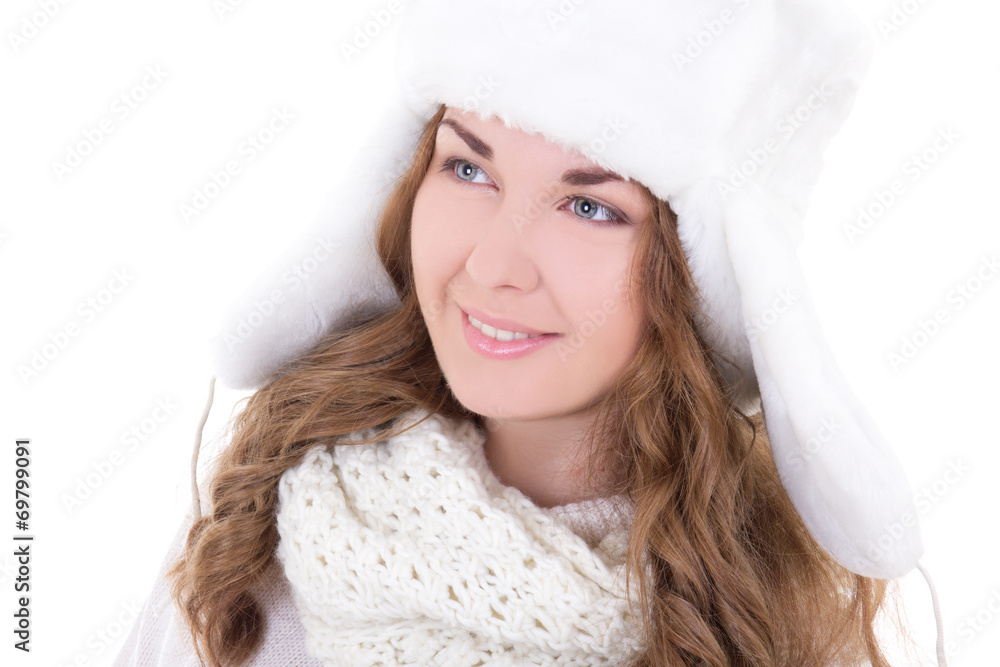 portrait of young beautiful woman in fur hat isolated on white portrait of young beautiful woman in fur hat isolated on white