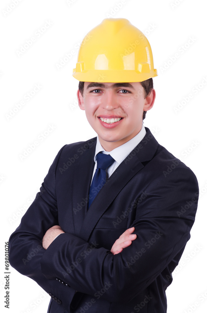 Man wearing hard hat isolated on white Man wearing hard hat isolated on white