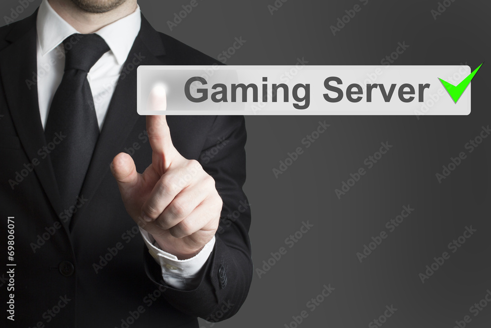 businessman pushing button gaming server checked businessman pushing button gaming server checked